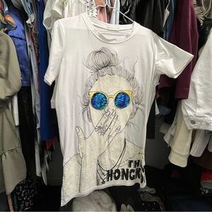 SHEIN White Graphic Mini Dress with Yellow Frame and Blue Mirror Sunglasses